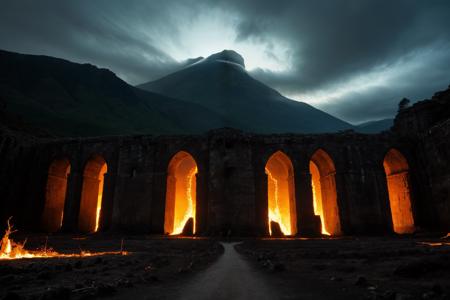 An expansive view of Angband, the fortress of Morgoth, as described in Tolkien's writings. The dark, foreboding fortress is built into a vast mountain range, surrounded by towering peaks and deep chasms. The architecture is imposing, featuring jagged stone walls and towering battlements that seem to scrape the sky. A menacing atmosphere envelops the scene, with swirling clouds overhead and a distant glow of lava illuminating the darkened landscape. The entrance to Angband is a massive archway, guarded by sinister creatures and adorned with dark banners fluttering in the wind. Shadows loom across the terrain, and the air is thick with a sense of dread and the echoes of ancient power, evoking the terrifying legacy of Morgoth's stronghold
