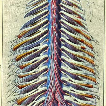 colorful illustration of The ligaments of the thorax seen from the inner or dorsal surface, art by anatomical-illustration