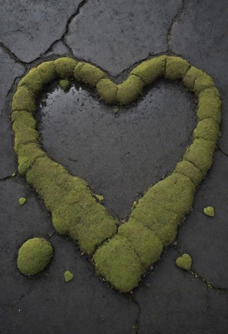 a weathered mountain landscape made out of black cracked asphalt pebbles and (((heart shape))) moss and potholes,  <lora:- SDXL - blk_weathered_asp_V1.0:.8>