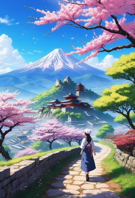 chef d'oeuvre, style anime, tranchant, pas d'humains, paysage parfait, montagnes, arbres cerisiers sakura en fleur, ruines, vibrant, coloré