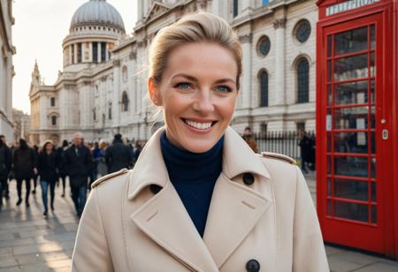 London – Timeless Elegance**  
*A hyper-detailed (8K) editorial portrait of a 40-year-old woman with sleek blonde hair tied back, her striking blue eyes and natural laugh lines exuding sophisticated charm. Subtle wrinkles and sun-kissed freckles adorn her makeup-free skin, showcasing visible pores and authentic texture. She wears a tailored beige trench coat over a cream sweater and fitted jeans, standing confidently beside a red London phone booth. St Paul's Cathedral glows in golden afternoon light behind her, rendered as soft bokeh by a 85mm f/2.8 lens. Shot with directional window-light quality illumination for sculpted depth, this Vogue UK-inspired image balances urban energy with timeless grace, capturing every fabric weave and stone detail in the historic backdrop.*photography , editorial photo,  realistic , natural light,  highly detailed