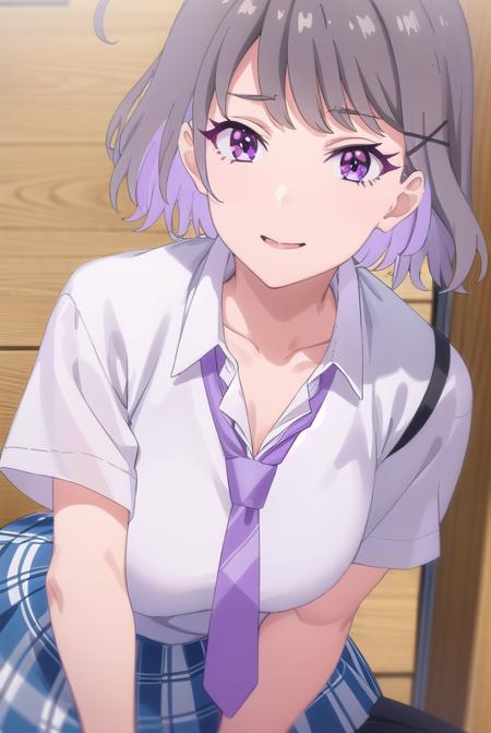 akaritanikita, <lora:akari tanikita s1-lora-nochekaiser:1>,
akari tanikita, short hair, bangs, (purple eyes:1.1), grey hair, multicolored hair, ahoge, smile,
BREAK skirt, shirt, school uniform, white shirt, short sleeves, pleated skirt, necktie, shoes, choker, socks, striped, collared shirt, black footwear, blue skirt, plaid, black choker, plaid skirt, black socks, sneakers, purple skirt, shirt tucked in, striped necktie, purple necktie,
BREAK indoors, classroom,
BREAK looking at viewer, (cowboy shot:1.5),
BREAK <lyco:GoodHands-beta2:1>, (masterpiece:1.2), best quality, high resolution, unity 8k wallpaper, (illustration:0.8), (beautiful detailed eyes:1.6), extremely detailed face, perfect lighting, extremely detailed CG, (perfect hands, perfect anatomy),