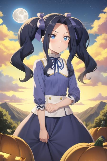 <lora:sh_melty:1> melty, 1girl, blue eyes, eyes visible through hair, hair intakes, bangs, purple hair, bangs, forehead, very long hair, twintails, parted bangs, hair bow, hair ribbon,
dress, long sleeves, blue dress, neck ribbon,
animal, full moon, moon, mountain, nature, no humans, orange sky, outdoors, plant, pumpkin, scenery, sky, tree, original