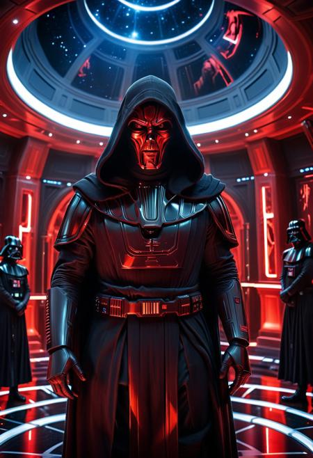 score_9, score_8_up, score_7_up, score_6_up, score_5_up, score_4_up, (absurdres, best quality, masterpiece:1.4), illustration, photorealistic, cinematic lighting, dynamic angle, perfect composition, Galactic Senate chamber, dark hooded figure, sinister grin, holographic display, grand speech, Sith manipulation, ambient lighting, red undertone, political atmosphere