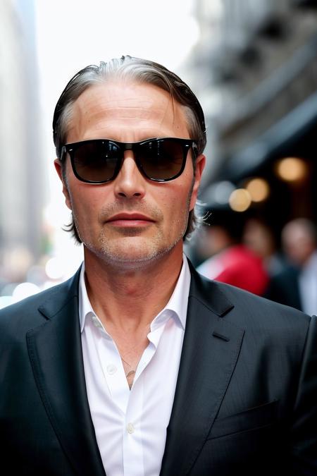 RAW photo, a photo of mads65 wearing a black suit and sunglasses while drinking a coke, background is city street, (high detailed skin:1.2), 8k UHD, DSLR, soft lighting, high quality, film grain, Fujifilm XT3