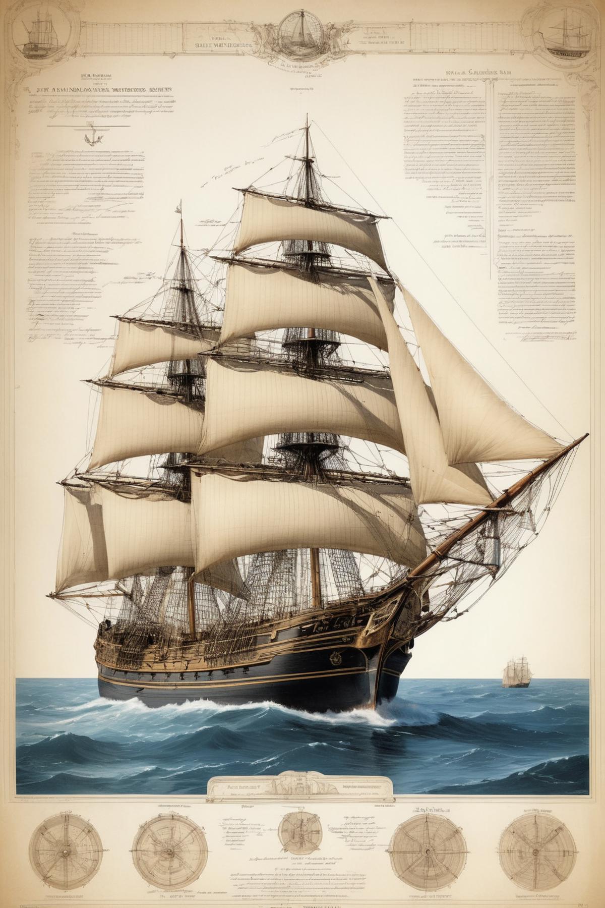 A Black and White Drawing of a Large Sailing Ship with a Sailor on the Deck