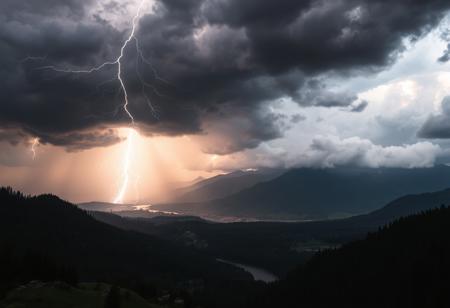 Medieval, D&D, high contrast, real photo, 4k, dramatic lighting, thunderstorm over a distant mountain range, rivers, forests and a bright flash of lightning, heavy cloud cover