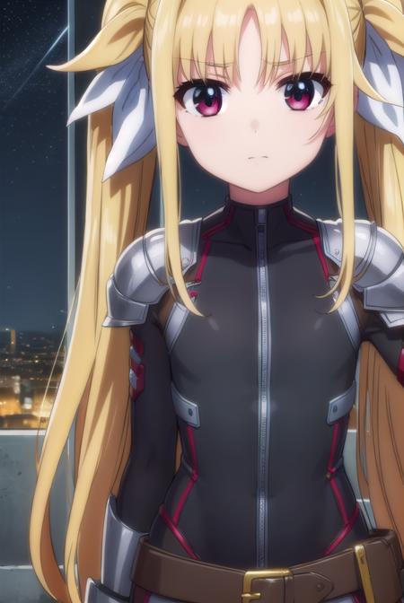 fatetestarossa, <lora:fate testarossa movie2-lora-nochekaiser:1>,
fate testarossa, long hair, blonde hair, (red eyes:1.3), twintails, hair ribbon,
BREAK gloves, belt, bodysuit, magical girl, gauntlets,
BREAK outdoors, city, night, starry sky,
BREAK looking at viewer, (cowboy shot:1.5),
BREAK <lyco:GoodHands-beta2:1>, (masterpiece:1.2), best quality, high resolution, unity 8k wallpaper, (illustration:0.8), (beautiful detailed eyes:1.6), extremely detailed face, perfect lighting, extremely detailed CG, (perfect hands, perfect anatomy),