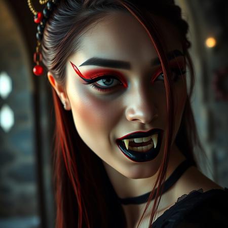 masterpiece, high detail, masterpiece, closeup portrait of stunning oriental vampire woman, long neon red, dark eyeshadow, black lips, mouth slightly open showing fangs, chiascuro, sexy, seductive, erotic, direct gaze, medival castel interior  background. highest definition, HD32K, wallpaper, hyperdetailed, concept art, extreme closeup, side profile