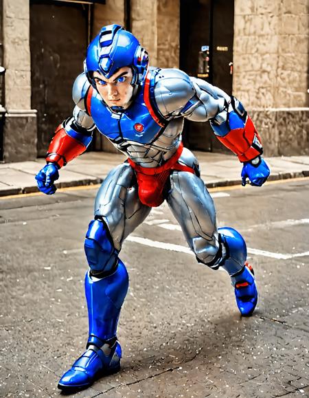 UHD, 8K, ultra detailed, highly realistic photo of megaman, cyborg wearing a bulging red jockstrap, running on a street, street level, blue robot, 3d++, smooth, high details, masterpiece, 4k, (handsome face), (realistic face:1.5), (high detailed face:1.5), (high detailed eyes:1.5), (serious), (focused), (high resolution 8K photo quality:1.3)