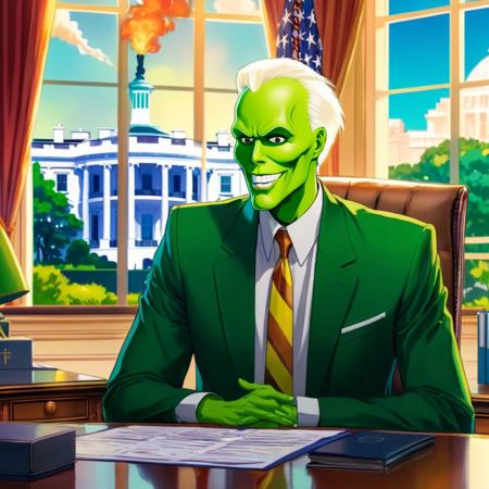 anime artwork of  <lora:jim carrey the mask:1.2>
jim carrey the mask sitting at a desk in presidential office with the white house building on fire in the background, anime style, key visual, vibrant, studio anime,  highly detailed