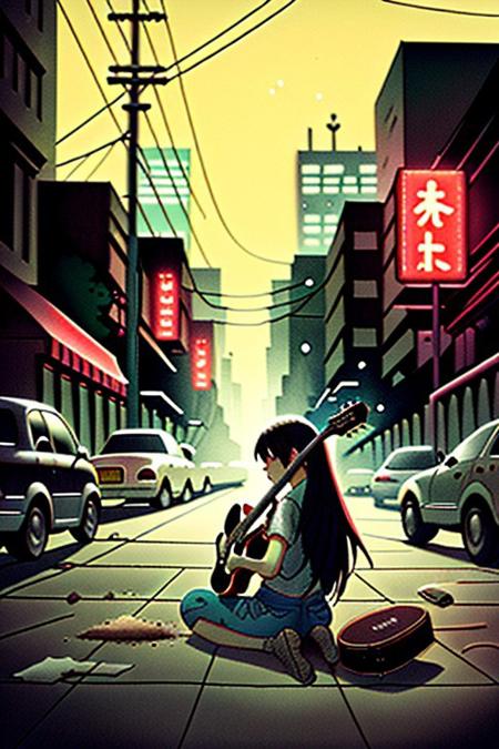 A young female vagabond, her clothes tattered and worn, with dust and dirt covering every inch of her, sits on a decrepit street corner, strumming a guitar. The illustration style is reminiscent of watercolor paintings, evoking a whimsical atmosphere. Her long hair flows like a river down her back, and the faint smile on her lips suggests a hint of mischief. In the background, the cityscape stretches out in a blur of concrete and steel, with neon lights twinkling like fireflies in the distance. The composition of this picture is a symphony of textures, from the rough-hewn guitar to the soft, flowing hair, and the perspective structure is one of intimacy and closeness, drawing the viewer into the vagabond's world.