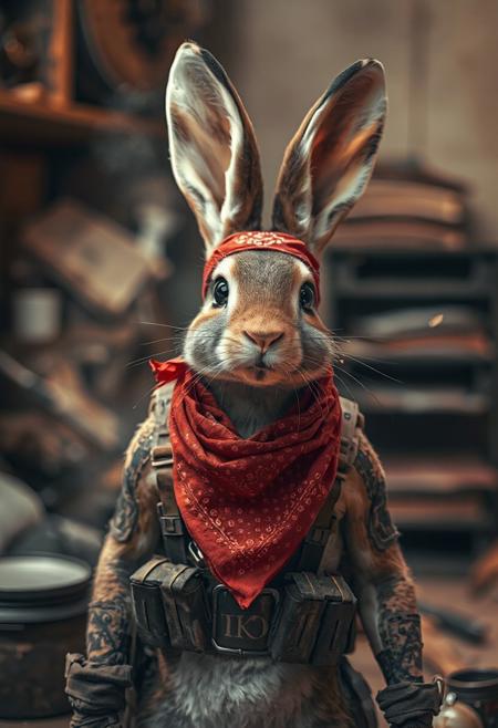 A high quality photo of a battle bunny with ammo belts and red bandana. dust in the air, effortlessly chic, beautiful, artistic, serene, detailed, slightly cluttered environment. High detail, heavy use of depth of field, 4k, super realistic, real photo, shot on Canon, camera, orange dreamy lighting, muted colors, zoomed out,