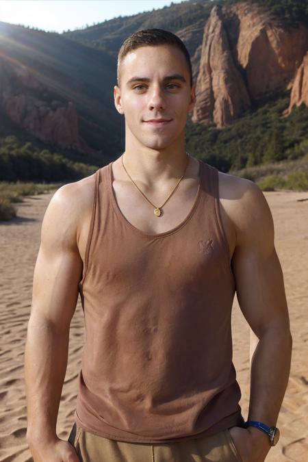 <lora:jake_dalton-04:0.75> photo of jake_dalton, natural relaxed expression, wearing a tank top and cargo shorts, posing in a state park, red sandstone peaks, golden hour, natural lighting, wristband, necklace