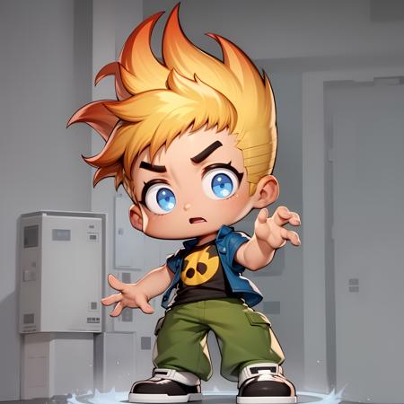 ((masterpiece, best quality)),(complex lighting), solo, full body, 1boy, johnny test, <lora:JohnnyTest1-10:0.6>,blue eyes, open jacket, short sleeves ,standing, naughty face, radiation symbol shirt , simple background, <lora:maplestory_2_ver1-10:0.8>,chibi,