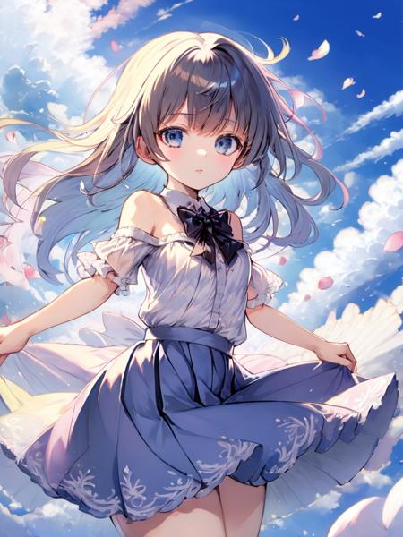 (((masterpiece))), (((best quality))), ((ultra-detailed)), (illustration), (1 girl), (solo), ((an extremely delicate and beautiful)), little girl, ((beautiful detailed sky)), beautiful detailed eyes, side blunt bangs, hairs between eyes, ribbons, bowties, buttons, bare shoulders, (small breast), blank stare, pleated skirt, close to viewer, ((breeze)), Flying splashes,  Flying petals, wind