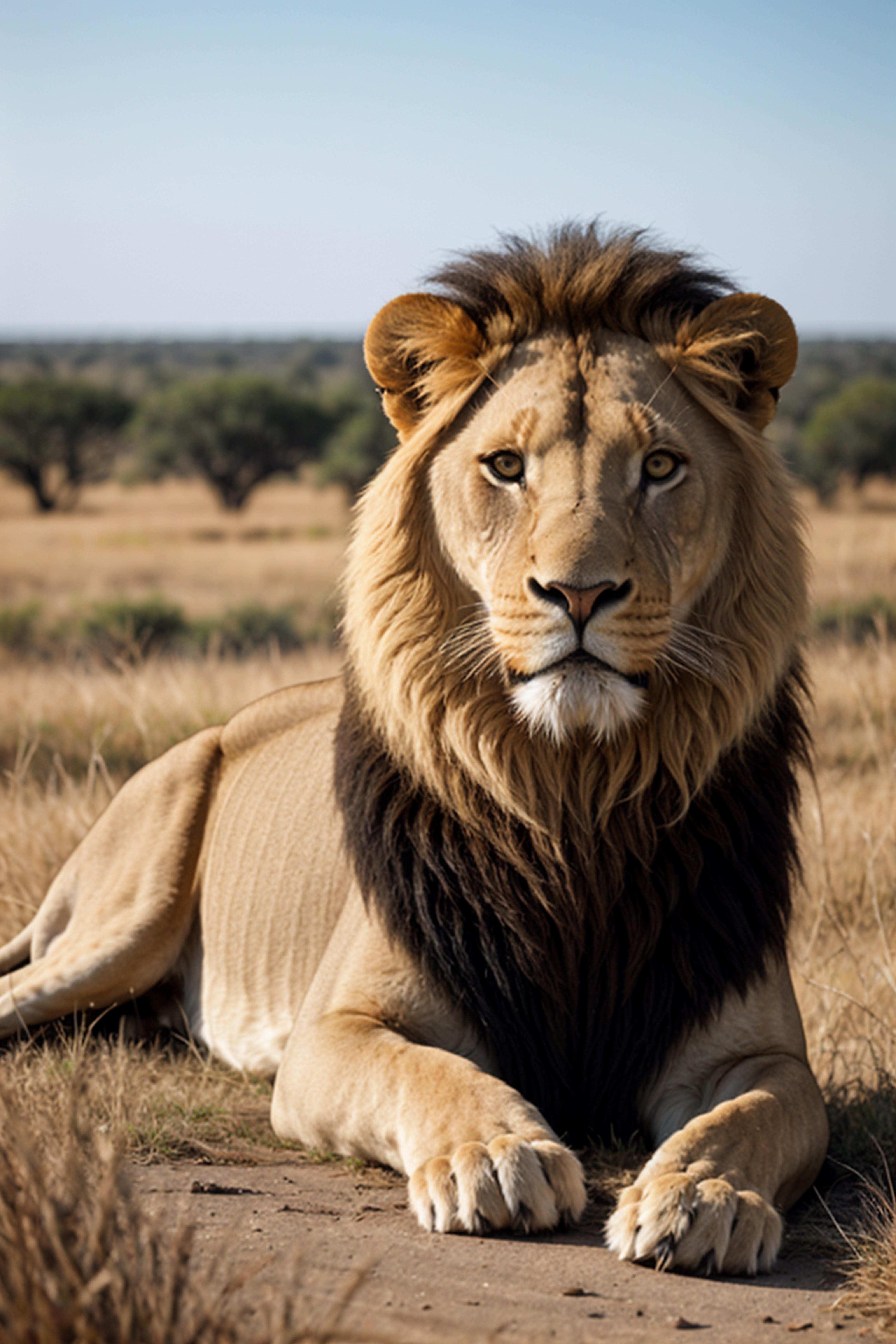 A close-up of a majestic lion in a dry grass field.