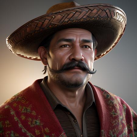complex 3d render ultra detailed of a mexican face, ornamented poncho, sombrero, beautiful studio soft light, rim light, vibrant details, , hyper realistic, anatomical, facial muscles, 38 years old, thick moustache, black background, octane render, Wild West ,<lora:more_details:0.4>