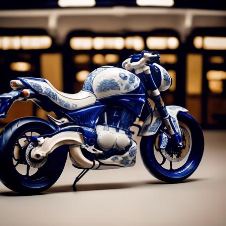 a (bwporcelaincd, porcelain, shiny:1.2) motorbike, toy model, (solo:1.2), <lora:bwporcelaincd-000016:1.0>, no humans, high quality, masterpiece, realistic, photorealistic, long-focus, (indoors, parking lot)