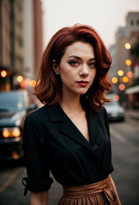 photo of (EPH1l4r13B2010:0.99), closeup portrait, short hair, red hair, (modern photo, blouse and blazer), 24mm, (analog, cinematic, film grain:1.3), (([celestial celebria carnival, cooking utensils (spatula, ladle, etc.),teleportation device,chest,heater,sacred talisman, slate,bamboo flooring,brocading tapestry, halogen bulbs, rope lights, tech noir| mountaintop city], gradient:1.1)), ((detailed eyes)), ((eyeliner, long lashes)), (epicPhoto), long eyelashes, (perfect waist), (painted lips)