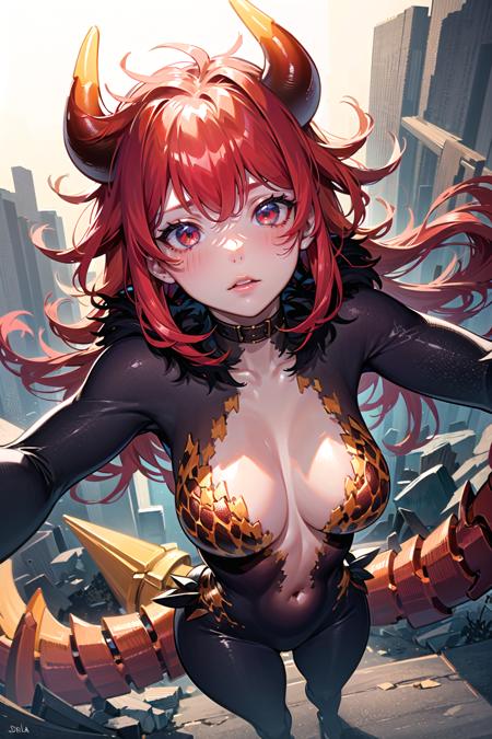 (detailed face and eyes:1.3),full body,
<lora:niji_dola-10:1>,niji_dola,dola \(nijisanji\),dragon girl,solo,red hair,horns,red eyes,dragon horns,large breasts,cleavage,blush,hair between eyes,dragon tail,tail,navel
Ultra-detail,(highres:1.1),best quality,(masterpiece:1.3),cinematic lighting,