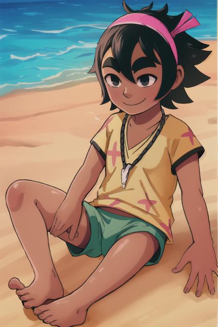 <lora:KoaSummerInMara:0.8>, 1girl, KoaSummer, black hair, short hair, pink hairband, thick eyebrows, black eyes, dark skin, tan, necklace, yellow shirt, green shorts, barefoot, smile, happy, outdoors, laying, beach, sand, sea, ((masterpiece)), (best quality), 8k, ultra-detailed, absurdress, beautiful, highres