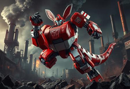 The image showcases a dynamic Junk Robot Teapot Kangaroo from the Transformers series, poised for action with vibrant red and white coloring. Set against a grimdark Junk Factory background, the poster boasts high-resolution, 4K quality with intricate details, vivid colors, and harmonious composition. The artwork exudes a powerful message, capturing the essence of Transformers through dynamic action, captivating lighting, and realistic shading, akin to the styles of ilya kuvshinov, katsuhiro, magali villeneuve, artgerm, jeremy lipkin, michael garmash, and rob rey. This visually stunning and well-timed piece is trending on Artstation and CGSociety.
