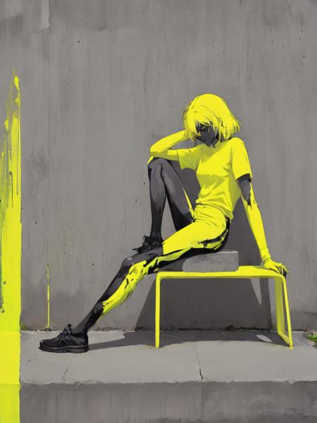 minimalism, vector, abstract, amine, girl sitting on a concrete chair and coated in neon yellow paint,  <lora:- SDXL - conrtneo _neon-concrete _V2.0:.8>