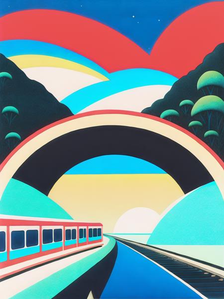 <lora:HiroshiNagai:1>a stylized image of a train going through a tunnel with a sky in the background by Hiroshi Nagai