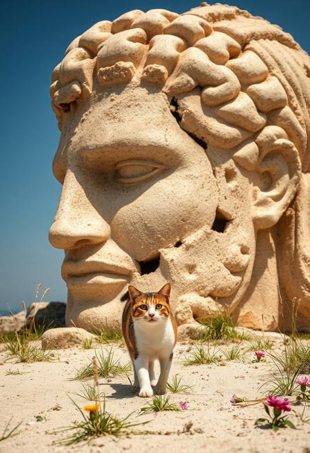 (Soft Lighting Photography by Mimoza Veliu and Mario Giacomelli:1.2), award-winning photography, photo of a cat besides a badly damaged and huge head of an Ancient Greek sculpture, Colossus of Rhodes, in a beautiful beach, Cats running around:1.5, (broken status, spare parts scattered nearby.) Grass and flowers grow around it. Sunny summer day. ocean. Calm and beautiful. Detailed art, many details, cute, adorable, fairytale, storybook detailed illustration, cinematic, ultra highly detailed, beautiful details, vibrant colors, complex background, fine art, best quality, hyper detailed, professional poster art, bold lines, award winning, trending on ArtStation , (intricate details, masterpiece, best quality:1.4), aesthetic and beauty, astounding details, high depth of field, f/4, framing, breakthrough, collodion process, soft particles, ageless atmosphere, (maroon and marigold colors:0.1),dark, chiaroscuro, low-key,