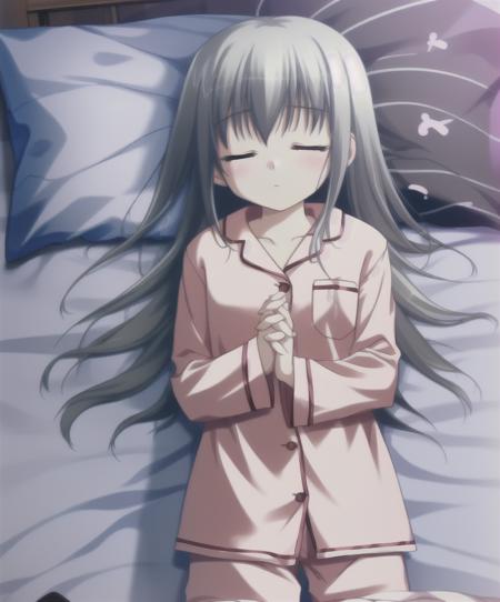 best quality,4k,1girl, closed eyes, long hair, bed, pillow, sleeping, solo focus, pajamas, holding hands, lying, grey hair, long sleeves, 1boy