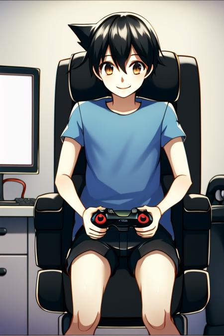 masterpiece, best quality, PokespeRed, 1boy, solo, (blue shirt), (black shorts), bedroom, gaming chair, playing games, computer, smile, video game, nighttime, looking away:1.4, looking to computer, <lora:PokespeRedV1:1>