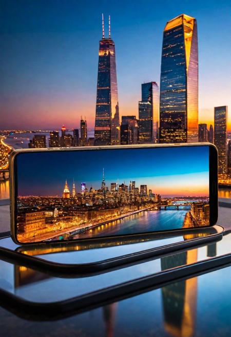 Superior quality, high-tech masterpiece, ultra-high resolution, hyper-realistic, UHD sharpness, depth of detail, smartphone, lying on a sleek glass surface, ambient urban lighting, ultra-modern design, reflective screen, next to, soft cityscape glow, backlit icons, (vivid display light:1.2), subtle shadows under the device