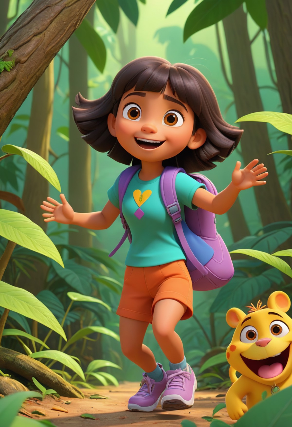 An animated scene capturing Dora the Explorer in a lively forest run, (childlike cartoon aesthetics:1.4), (lush animated f...