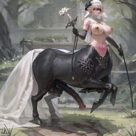 NSFW, (masterpiece:1.2), (best quality:1.2), (extremely_delicate:1.2),(highly_detailed :1.3), (solo:1.3), horse_ear, (horse_tail:1.2), white_long_hair, centaurfuta, (centaur:1.2), (hooves:1.15), (white_fur:1.4),  (elf), (white_long_hair), (black_blindfold:1.2), (large_breasts:1.2), (beautiful_face:1.3),(lace_black_nun_hat:1.1),(lace:1.4), (black_dress:1.05), (cross:1.35), (nipple_piercing:1.05), (navel:1.5), (tatoo:1.4), (womb_tatoo:1.5), (public_tatoos:1.5), (large_breasts), (long_lace_black_gloves:1.2), (veins:1.2), (large_testicles:1.3), (veiny_testicles:1.3), (horse_penis:1.5), (holy_light:1.2), (sunlight:1.2), outdoors, (wide_shot:1.1),(full_body:1.2),<lora:tattooAtEverywhere_v10:0.50>,<lora:centaurfuta_locon_AdamW8bits:0.80>, side_view