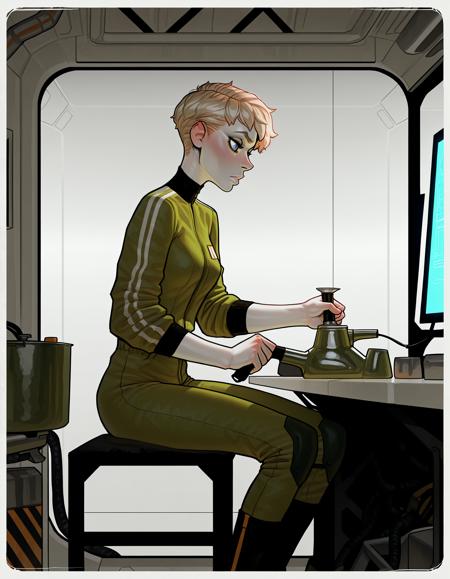 IllustriousQual, detailed face,
very tall woman, solo, very short blonde hair, pixie cut, blue eyes, pale skin, small breasts, very long legs,
determined expression,
on a space station, in the engineering spaces, wearing a baggy green coverall, sitting at a workbench, welding,
from side,
<lora:incaseIllustrious:0.8> incase style,