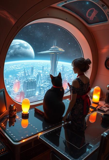 A sleek black cat with red collar sits on a cluttered metal riveted desk with transparent top and micro-LED lighted computer components visible inside, On the desk are a maneki neko statue and a lava lamp, the Black Cat is looking out of a seamless and futuristic floor to ceiling window that looks out at a planet from low orbit, the planet is covered with the lights of enormous buildings and cities, (((a beautiful woman, 24 years old, is standing next to the desk the cat is sitting on and looking longingly out the window, the woman is dressed in an ornate elegant Japanese style dress. An enormous deco-cyberpunk starship with futuristic lighting and an enormous space station are visible in the background among the stars, The woman's hair is messy from just waking up and tied up with a ribbon. Artistic cyberpunk, dynamic perspective, (((overall architectural aesthetic is Art Deco Cyberpunk))).  Epic image that elicits a feeling of wonder and awe,