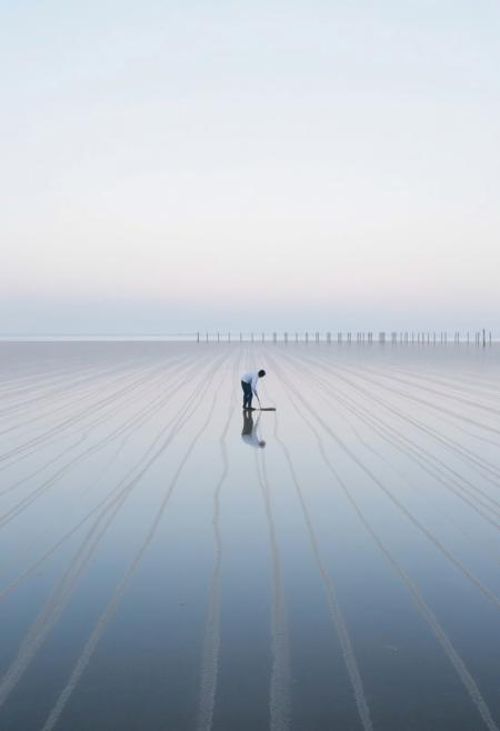 A lone figure stands on a vast, reflective shoreline, meticulously raking the wet sand into perfect, parallel lines that stretch infinitely toward the horizon. The sky is a soft gradient of pale blues and gentle pinks, blending seamlessly into the calm, glass-like water. In the far distance, a series of evenly spaced wooden posts emerge from the ocean, their perfect symmetry reinforcing the sense of order and diligence. The atmosphere is hushed, with no signs of disruption—only the quiet, tireless effort of the solitary worker, their silhouette small against the endless expanse of sea and sky.
