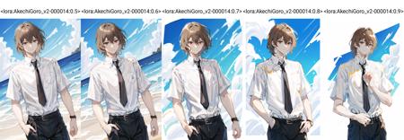 akechi_gorou, summer_uniform, 1boy, striped_necktie, white_dress_shirt, short sleeves, belt, black_pants, solo, male focus, masterpiece, best quality, 4k, 8k, <lora:AkechiGoro_v2-000014:0.5>