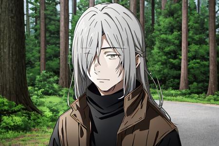 <lora:PlutoStyle-08:0.8>  solo, long hair, looking at viewer, 1boy, closed mouth, upper body, grey hair, male focus, outdoors, day, hair over one eye, tree, grey eyes, turtleneck, nature, forest, anime coloring