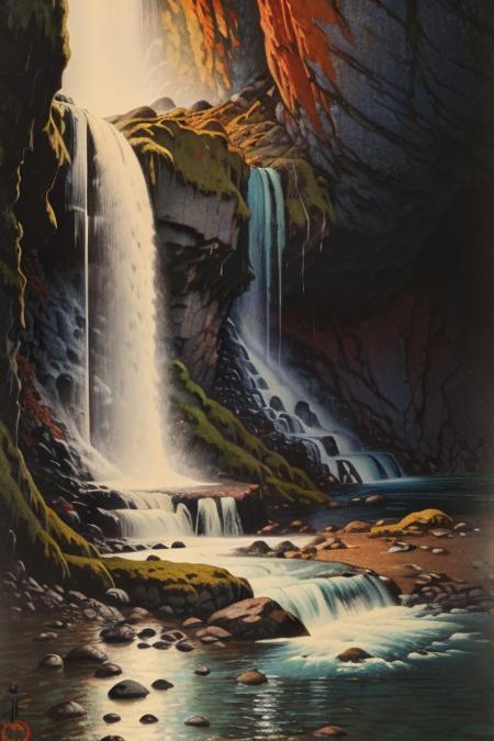 ((best quality)), ((masterpiece)), ((ultra realistic)), ((night)), award winning soft oil painting trending on artstation of a cascading rainbow waterfall,  <lora:jcjp:1>