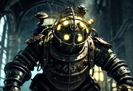 cinematic film still Big daddy, from below, medium shot, Bioshock character, Rapture . shallow depth of field, vignette, highly detailed, high budget, bokeh, cinemascope, moody, epic, gorgeous, film grain, grainy