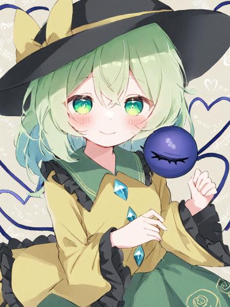 <lora:å¤æå°æ:1>,1girl, solo, komeiji_koishi, hat, shirt, third_eye, yellow_shirt, skirt, smile, looking_at_viewer, black_headwear, long_sleeves, green_skirt, closed_mouth, frills, ribbon, hat_ribbon, frilled_shirt_collar, yellow_ribbon, green_eyes, blush, diamond_button, hair_between_eyes, heart, blouse, bangs, eyeball, medium_hair, blue_eyes, symbol-shaped_pupils, green_hair, buttons, bright_pupils