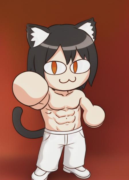 kiryuu kazuma, 1boy, full body, :3, cat ears, chibi, cat girl, cat tail, solo, slit pupils, black hair, white footwear, masterpiece, best quality, dress shoes, topless male, abs, white pants,