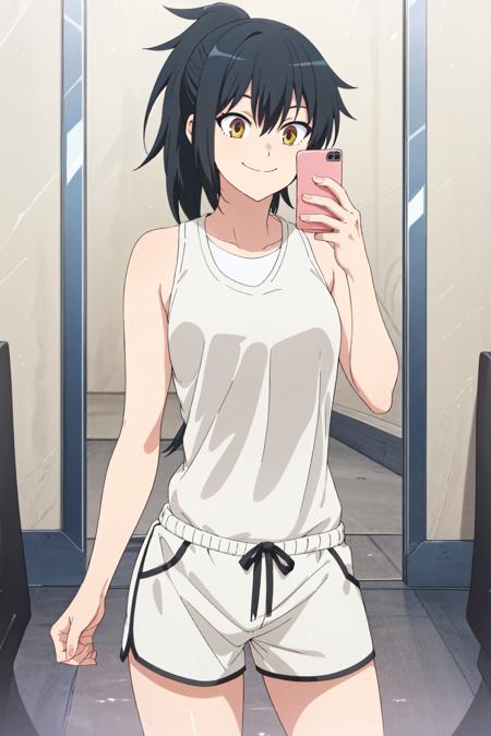 (exceptional, best aesthetic, new, newest, best quality, masterpiece, extremely detailed),<lora:Orihara_V1-000001:0.7>, solo, 1girl, black hair, shirt,closed mouth, smile, yellow eyes, brown eyes,ponytail,((perfect female body)),tank top, gym shorts, cowboy shot,smile, <lora:MirrorSelfieLora:0.8>, anime, mirror selfie, holding phone,