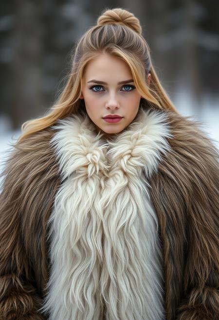 full-length view of a beautiful Scandinavian woman with thick furry fuzzy fluffy fur growing from her body and face