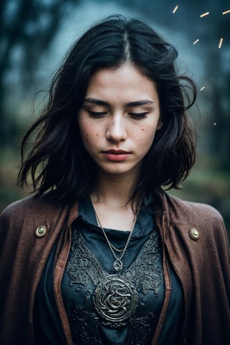 (masterpiece, best quality:1.1), photograph, Porta 160 color, shot on ARRI ALEXA 65, bokeh, depth of field, shot by Don McCullin, (blemishes, skin pores, textured skin:1.1), sharp focus, vibrant colors, PA7_Photo, PA7_Human-Likeness, volumetric lighting, <lora:detail_slider_v4:1>, <lora:FujiVelvia50:0.5>, <lora:GoodHands-beta2:0.8>,
solo, 1 girl, adult european woman, cute, closed eyes , black bun hair, frown, parted lips, dynamic pose, heroine,  steel  (armor:1.2), rusty, cloak, crown,  flames in background, winter, (celtic theme:1.2), (movie poster:1.3), (dark cinematic, epic, awe inspiring, awesome, floating particles, particle effects:1.3), sparks, (wind blowing, billowing:1.1), (silhouette, volumetric lighting, backlighting, dawn:1.2),  mythology, , prophecy,