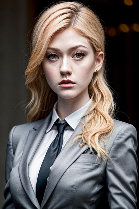 Katherine McNamara in business suit , elegant ,serious look, photorealistic, realistic
