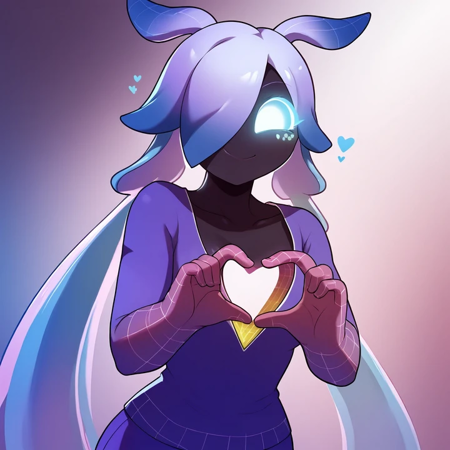 Ava-Tarr 1other, colored skin, purple skin, multicolored skin, long hair, gradient hair, glowing hair, long twintails, animal ears, hair over one eye, solid circle eyes, no mouth, heart-shaped hole in the chest