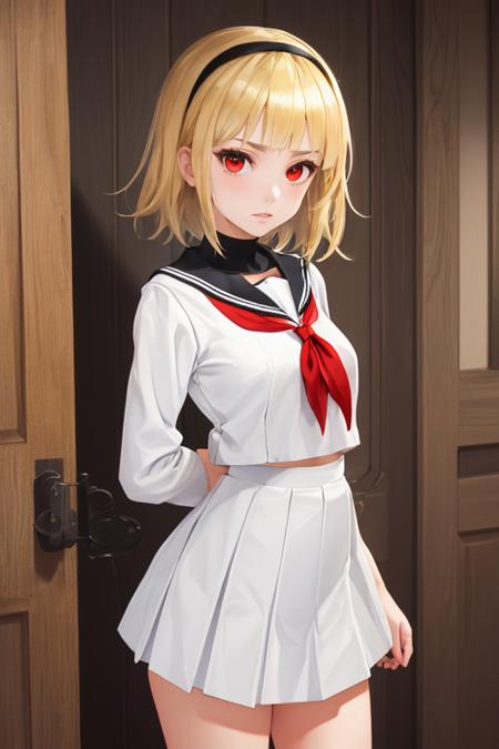 masterpiece, best quality,    <lora:OneDrakenGardV1-000080:0.8>, One, 1girl, blonde hair, red eyes, short hair, looking at viewer, standing, serafuku, skirt, black hairband, cowboy shot